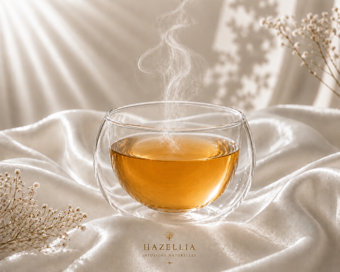 Infusion Deep Silk Hazellia dans un mug en verre double paroi, infusion naturelle ambrée sur un satin ivoire, rituel bien-être inspiré de l’élégance scandinave.

