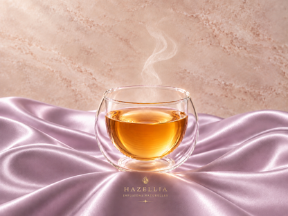 Univers Muse Opal Hazellia, infusion ambrée effet bijou sur satin mauve opalin, ambiance romantique, lumineuse et raffinée.


