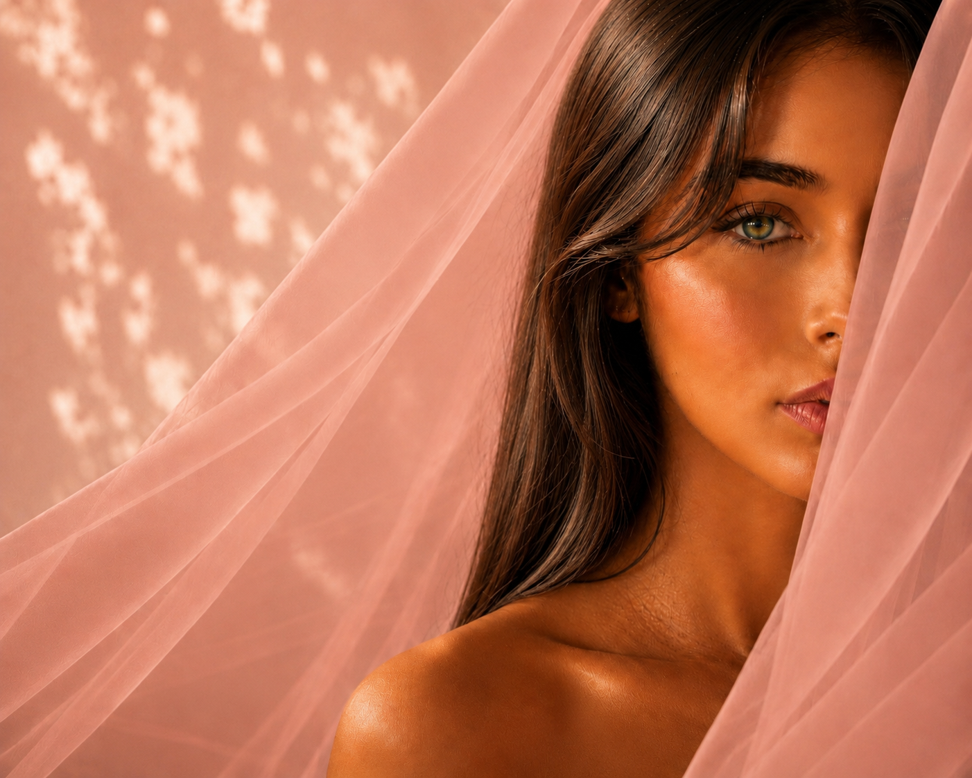 Femme Glamour Hazellia au voile rose poudré, univers élégant de Rose Ritual