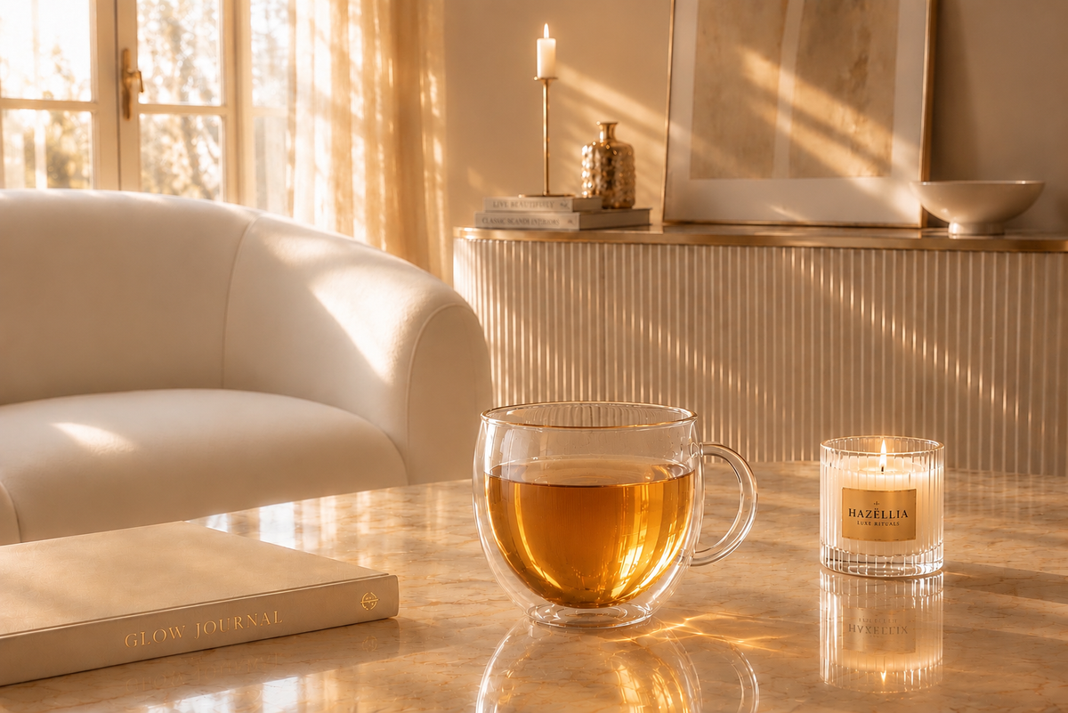Rituel infusion GlowTox de la Femme Radieuse Hazellia – infusion bien-être dans un intérieur lumineux ivoire et champagne