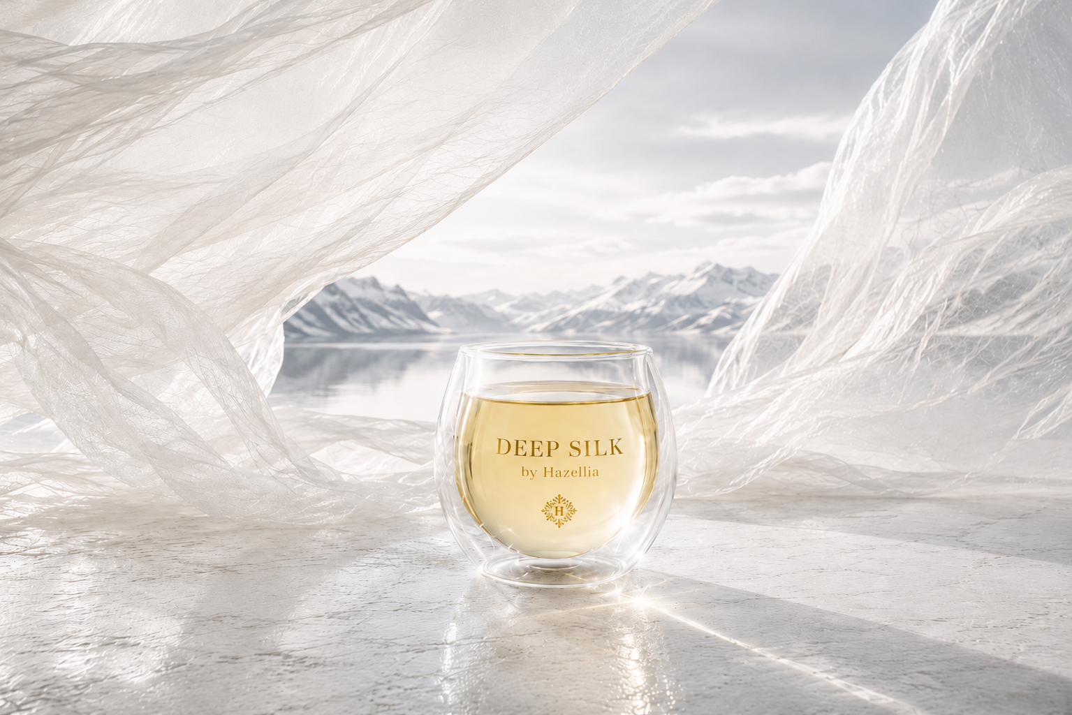 Infusion Deep Silk Hazellia dans un mug en verre double paroi, voile ivoire aérien et paysage nordique lumineux, univers apaisant de douceur et de sérénité.

