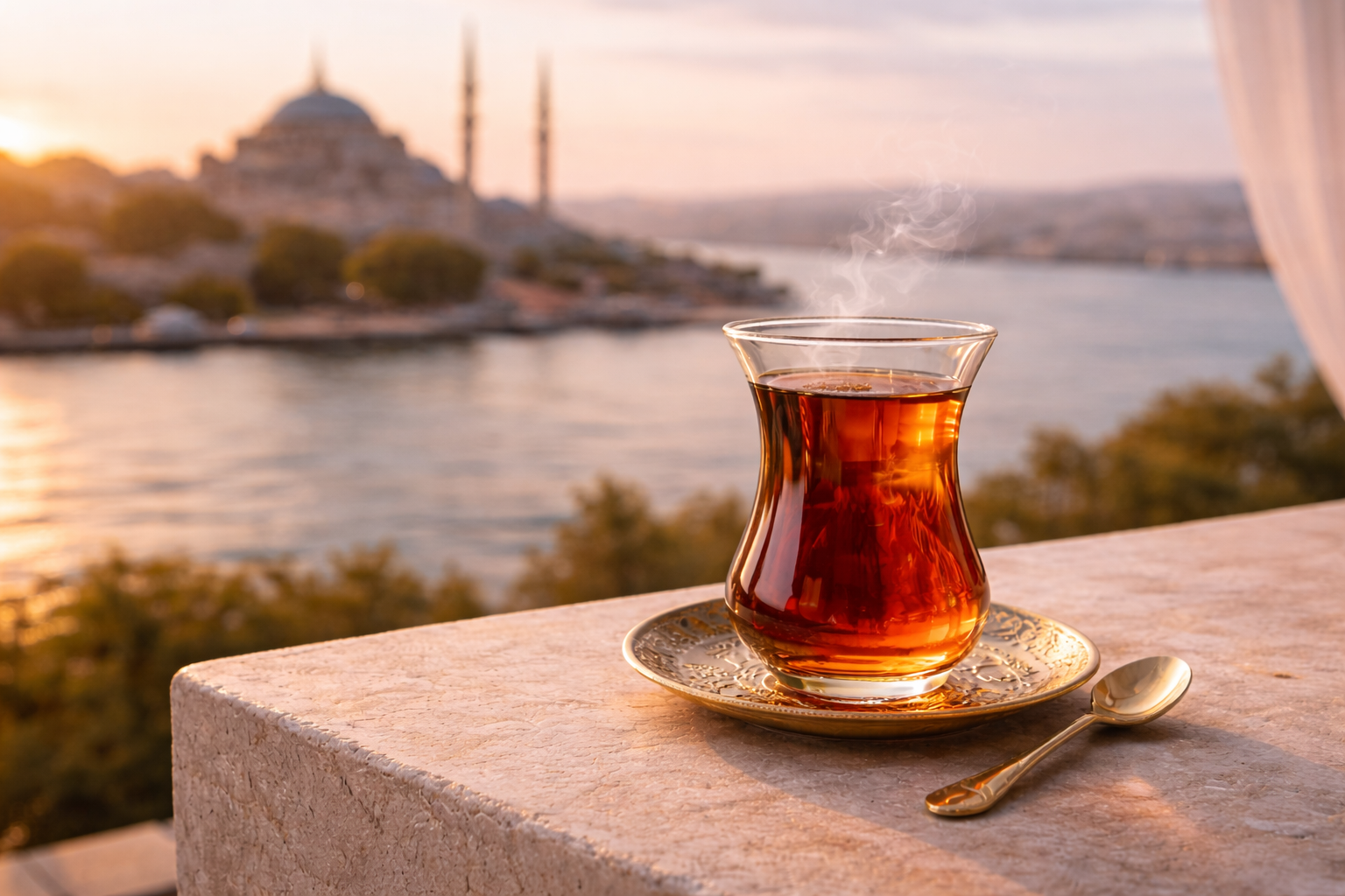 Infusion chaude ambrée dans un verre à thé oriental avec vapeur, coucher de soleil sur Istanbul, ambiance féminine luxueuse Hazellia.


