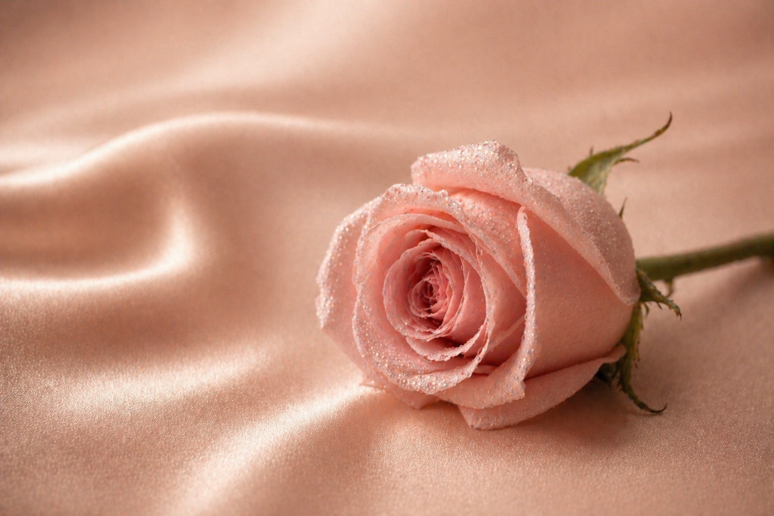 Rose délicate rose poudré avec condensation sur tissu satin champagne, symbole de féminité et rituel bien-être Hazellia

