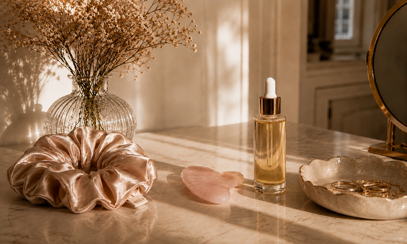 Accessoires beauté HazBeauty avec sérum lumineux, gua sha rose et satin champagne dans un univers luxe féminin Hazellia
