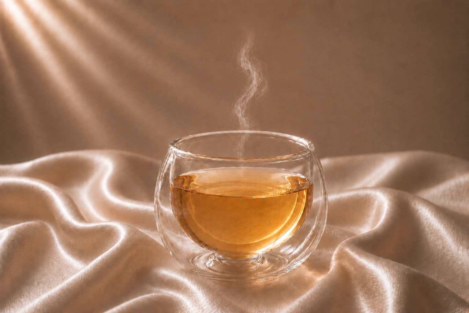 Infusion GlowTox Hazellia dans un mug en verre double paroi, thé ambré doré lumineux sur satin champagne, ambiance élégante et rituel détox premium.

