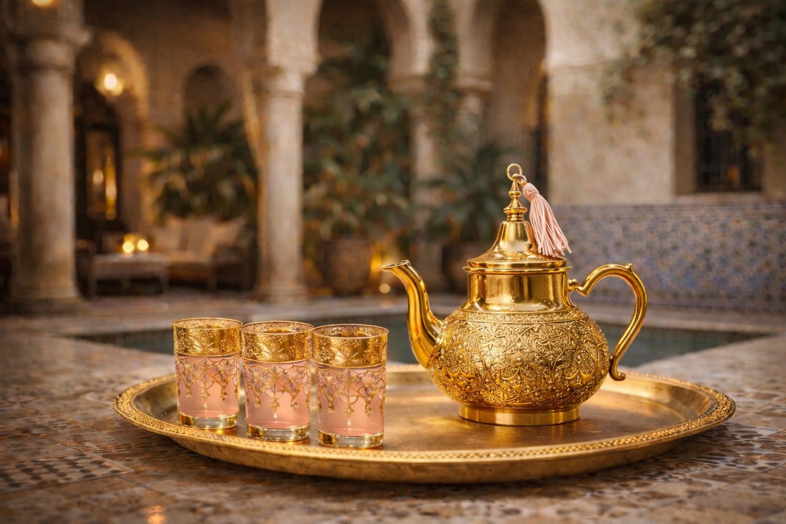 Plateau de thé marocain raffiné avec théière dorée moderne, verres rose poudré et détails dorés, posé dans un riad lumineux à l’ambiance chaleureuse et féminine.
