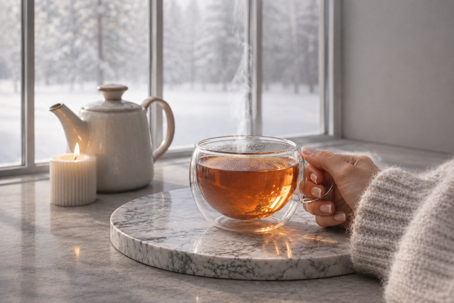 Rituel cocooning scandinave Hazellia avec infusion chaude dans une tasse en verre double paroi, ambiance hiver nordique et lumière douce minimaliste.

