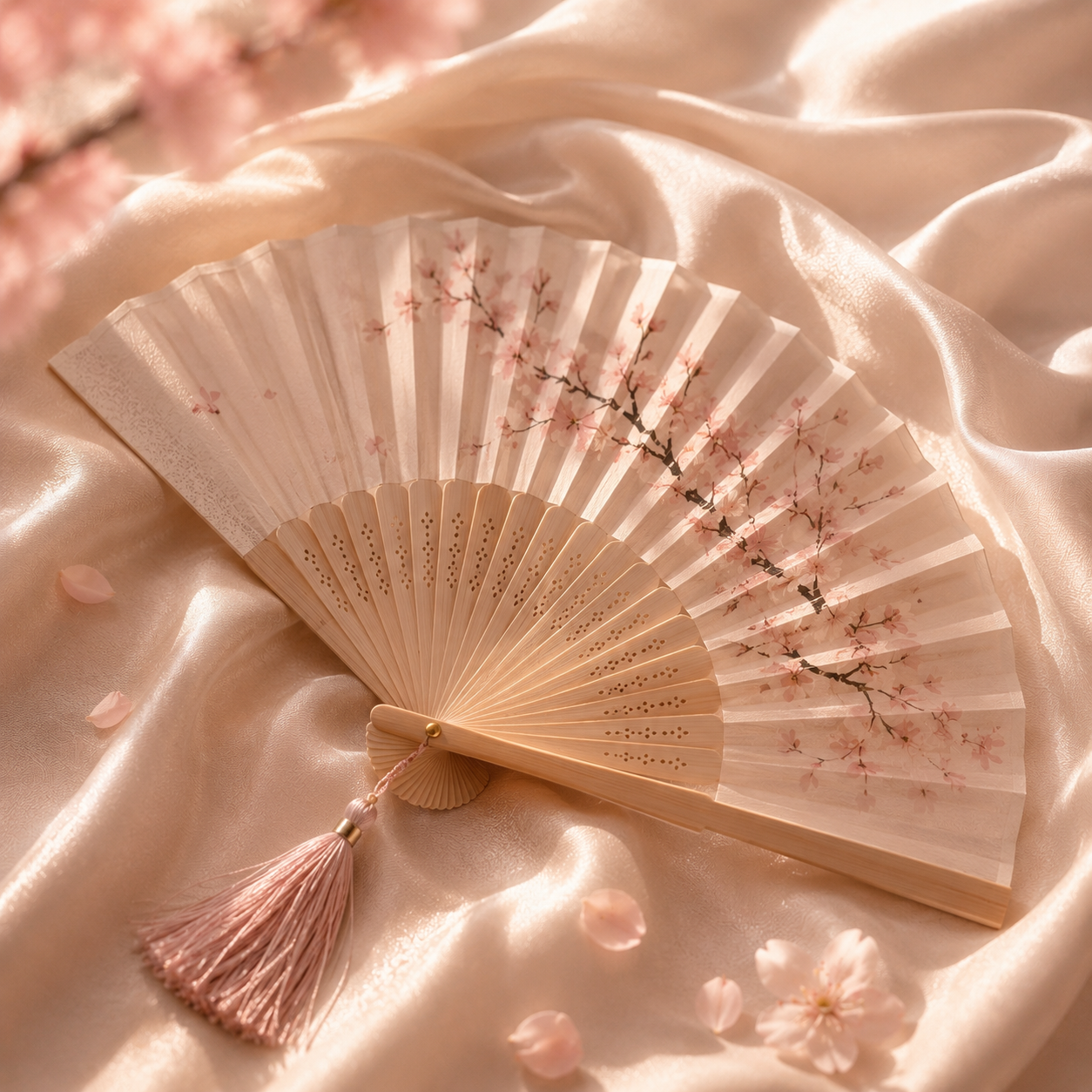 Éventail japonais fleuri posé sur satin ivoire lumineux avec pétales de sakura dans une ambiance éditoriale luxe inspirée du Japon et de l’élégance féminine Hazellia. 

