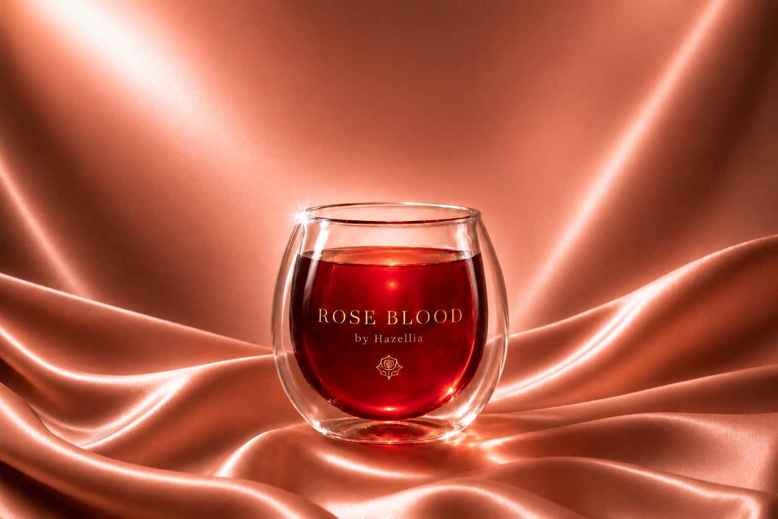 Rose Blood by Hazellia, infusion à l’hibiscus rouge rubis dans un mug en verre double paroi sur un satin duchesse champagne, rituel féminin premium et univers beauté luxueux.

