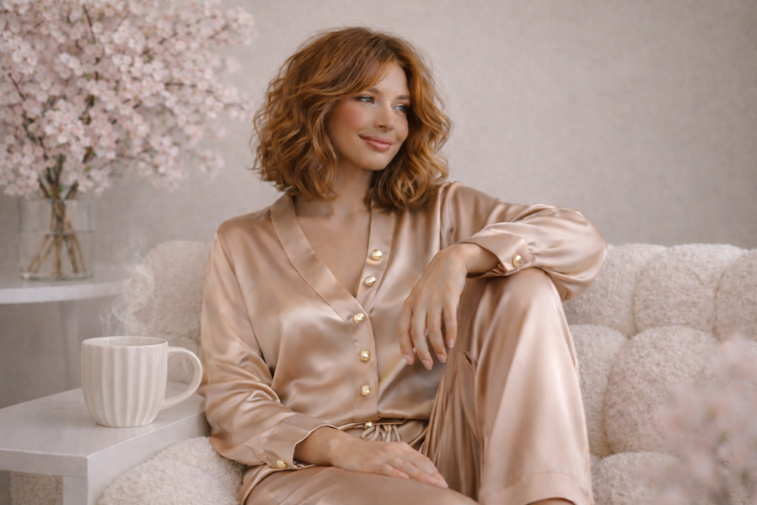 Femme en ensemble satin élégant tenant une infusion, inspiration mode et style féminin signature Hazellia.

