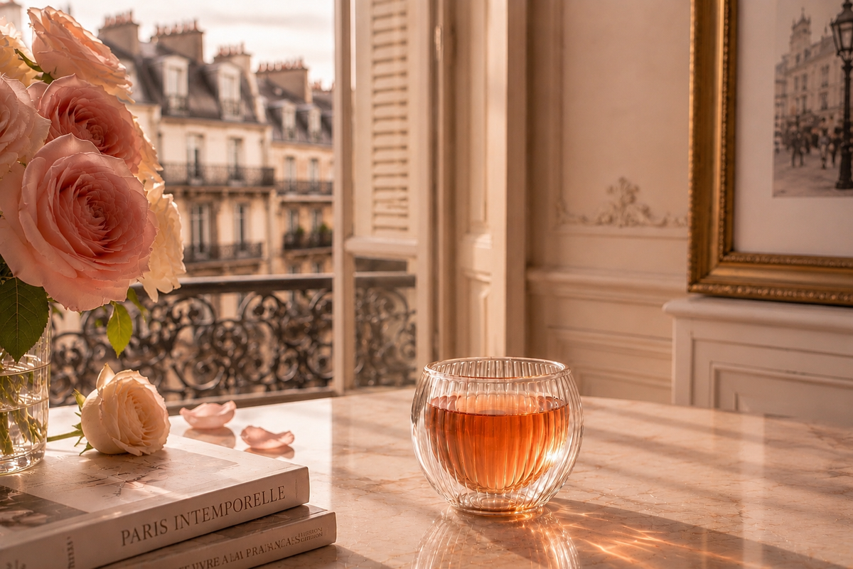 Rituel Éclat Fruité Pink Elixir avec infusion naturelle aux fruits rouges, roses poudrées et ambiance parisienne élégante

