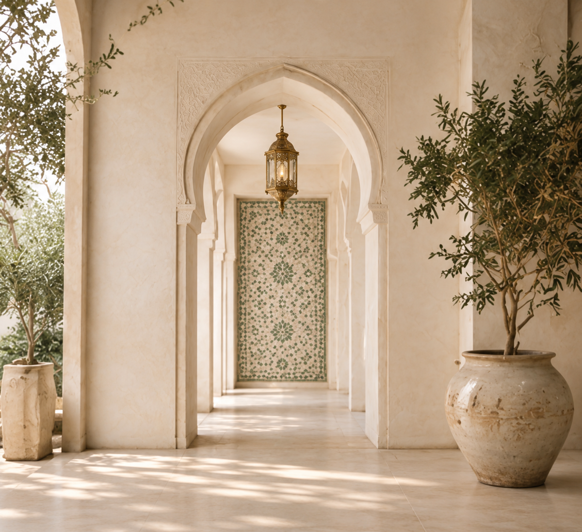 Architecture marocaine contemporaine avec arches ivoire, zellige vert sauge, lanterne dorée et olivier – Évasion Maroc Douceur Hazellia

