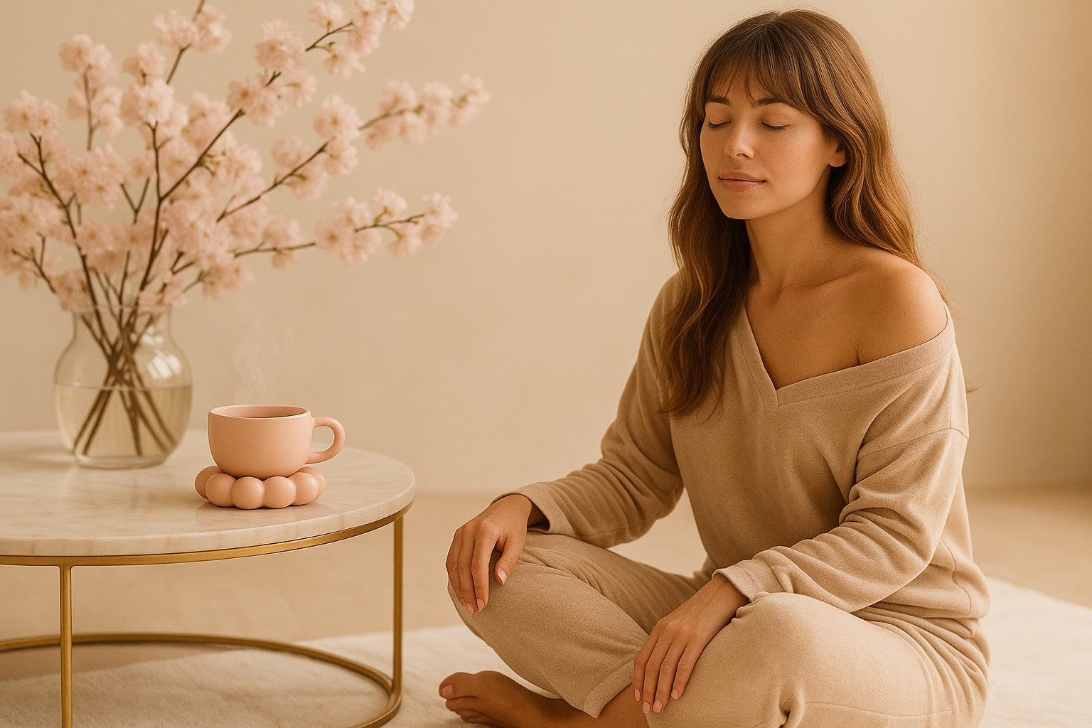 Femme assise en posture relaxante sur un tapis beige, yeux fermés, avec une tasse rose pastel sur une table en marbre doré et un bouquet de cerisiers en arrière-plan. Ambiance bien-être douce et féminine.
