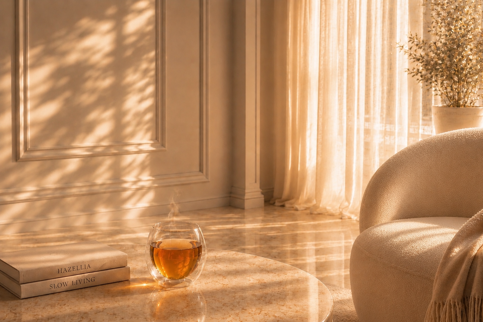 Bien-être féminin Hazellia – rituel slow living, infusion bien-être, mug en verre double paroi, décoration élégante, lumière champagne et univers premium dédié au bien-être des femmes.

