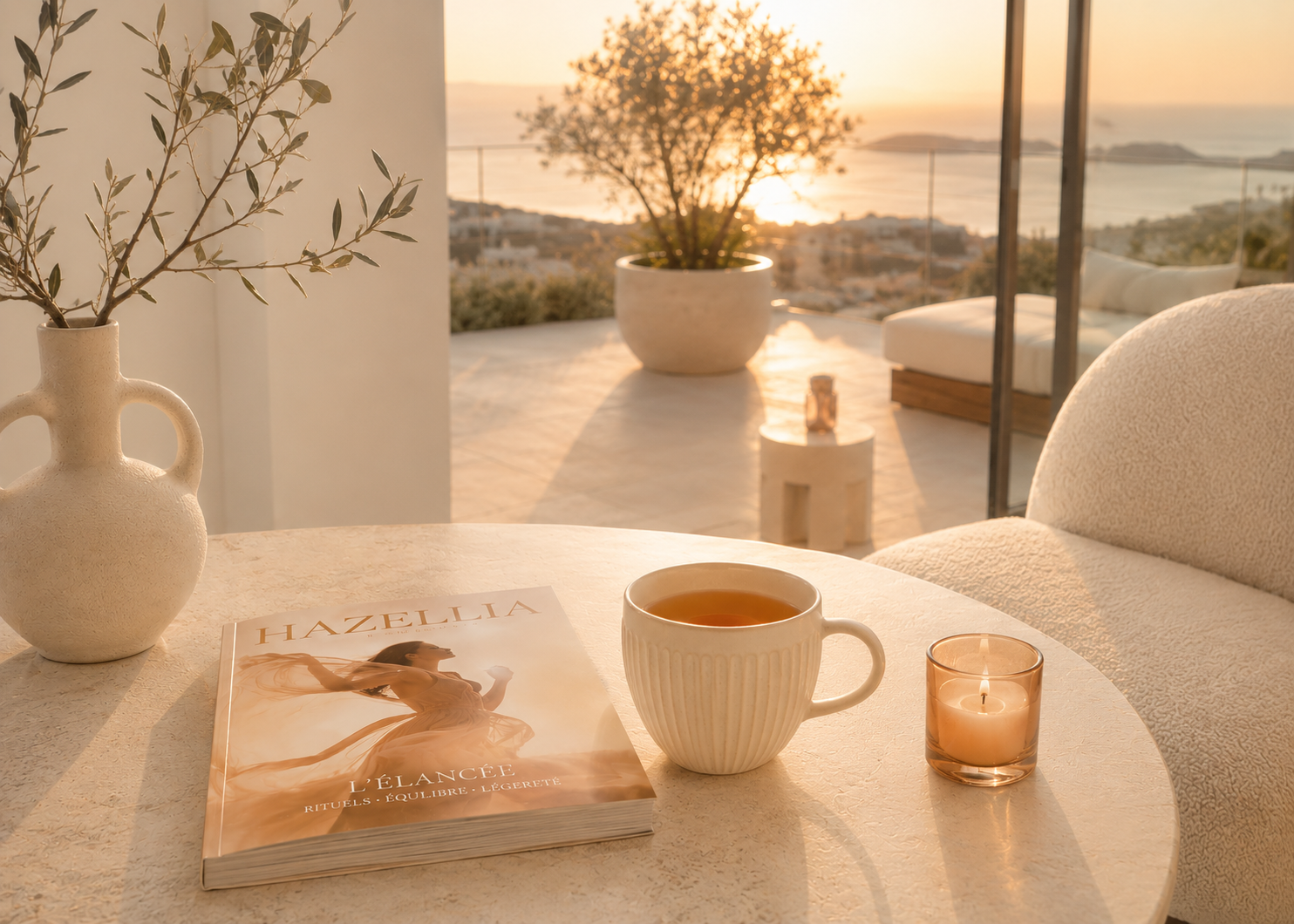 Rituel CherryTox Hazellia dans un intérieur minimaliste de luxe avec terrasse contemporaine vue mer, mug en céramique ivoire rempli d’une infusion ambrée, magazine Hazellia, bougie et ambiance crème, ivoire et abricot sous une lumière dorée de fin de journée.

