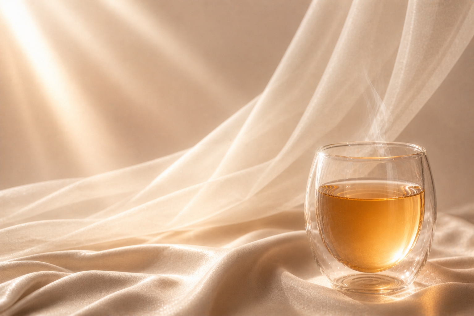 Infusion dorée apaisante dans un verre double paroi sur tissu satin beige et voile fluide, rituel douceur, relaxation et bien-être féminin Hazellia

