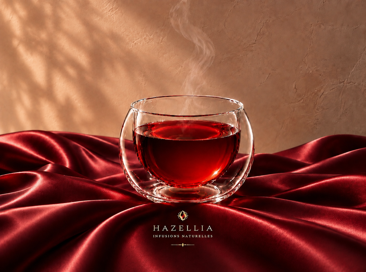 Carmine Ember by Hazellia, infusion rouge rubis en mug en verre double paroi effet cristal sur satin bordeaux premium

