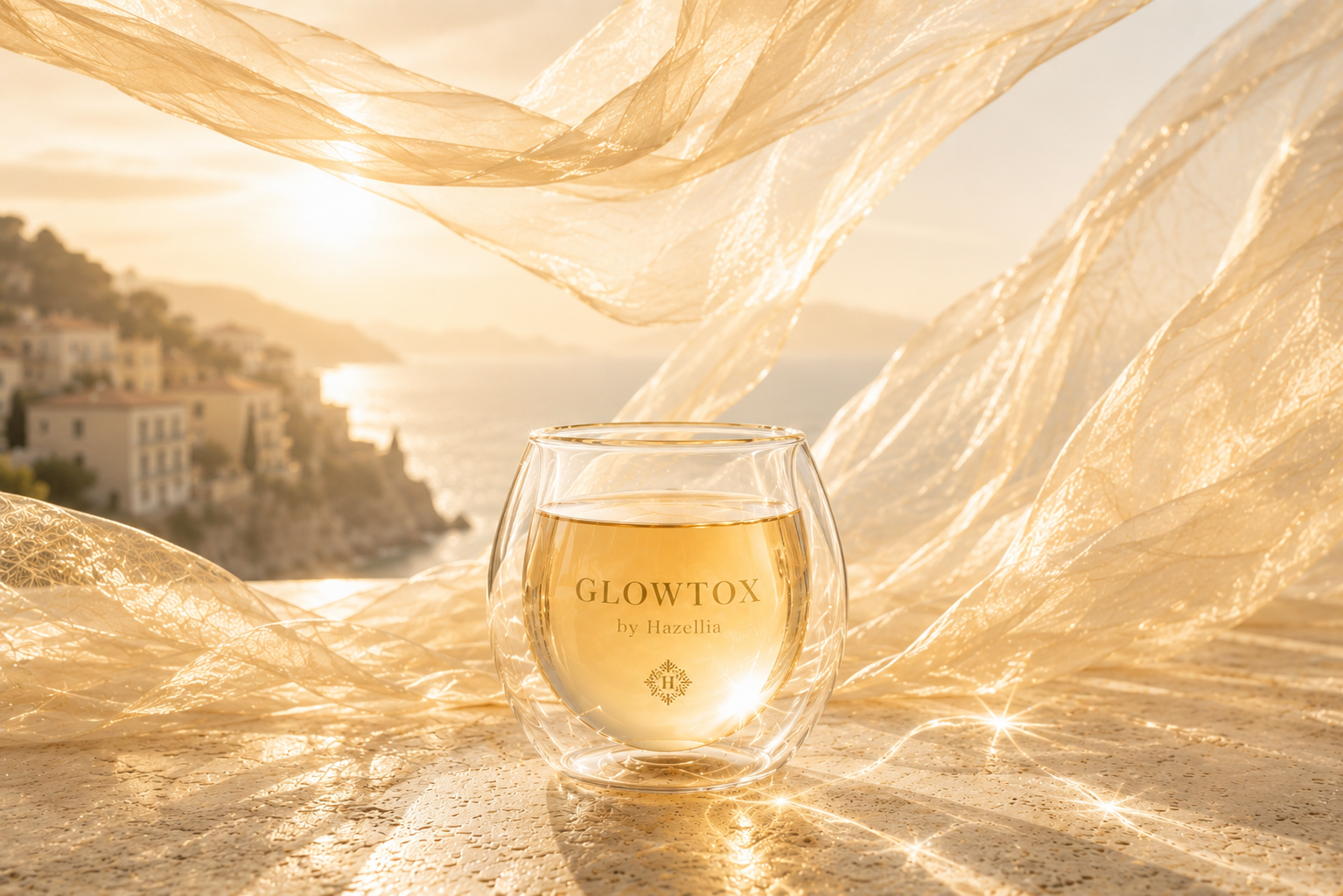 Infusion détox GlowTox Hazellia, thé ambré dans un mug en verre double paroi, ambiance bien-être, lumière dorée, voile élégant et paysage italien.

