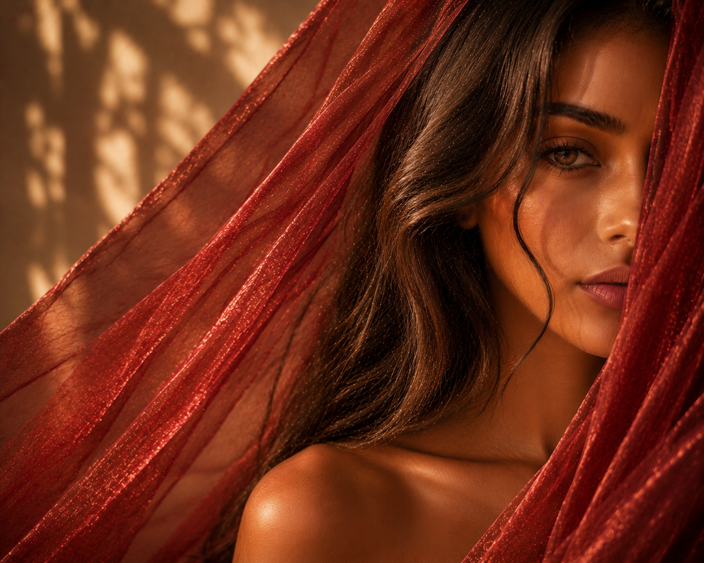 Femme Sensuelle Hazellia au voile rouge velours, univers envoûtant de Red Velvet