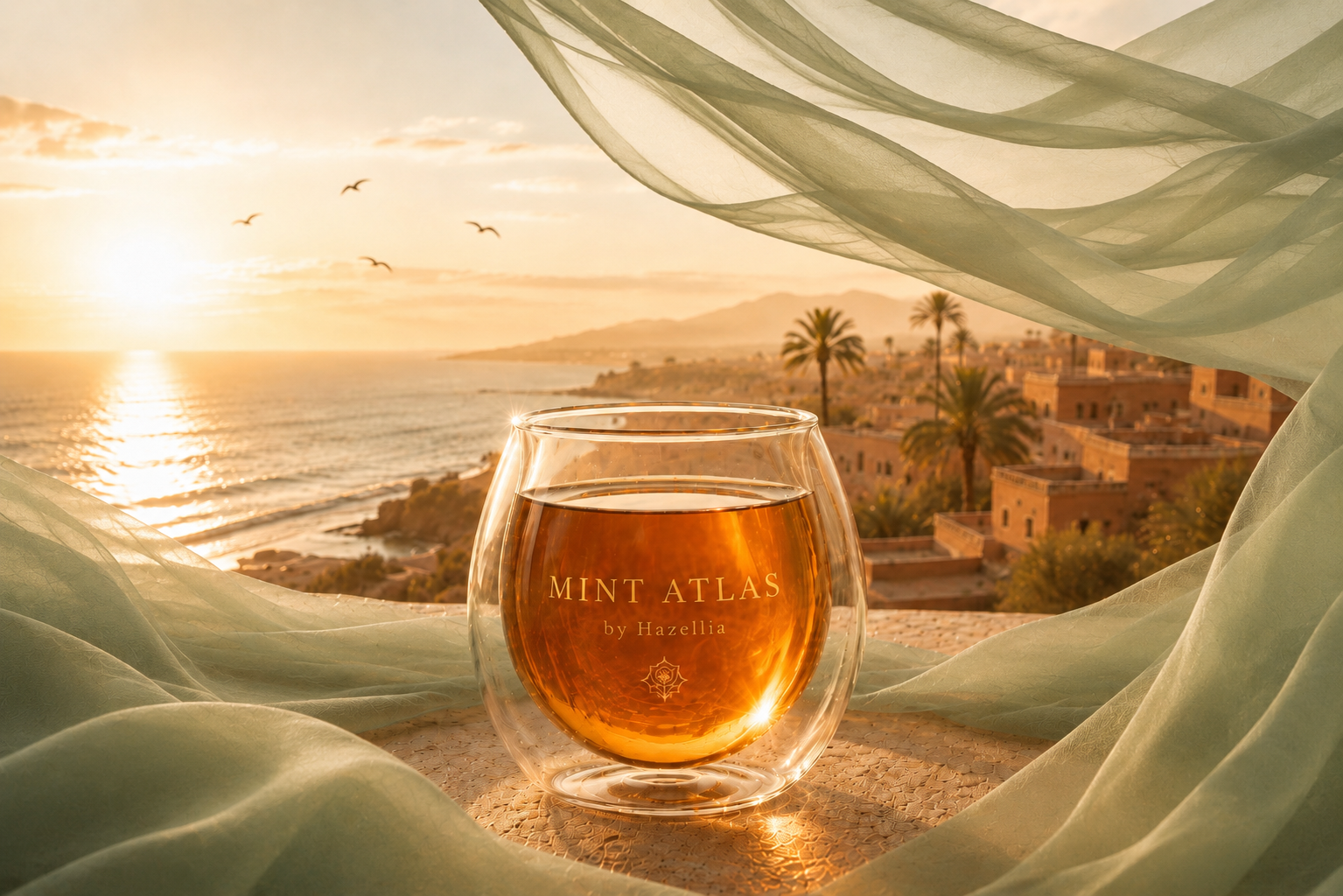 Mint Atlas Hazellia – infusion ambrée façon thé à la menthe marocain dans un mug double paroi transparent, voile vert sauge aérien, vue sur la mer et lumière dorée inspirée du Maroc

