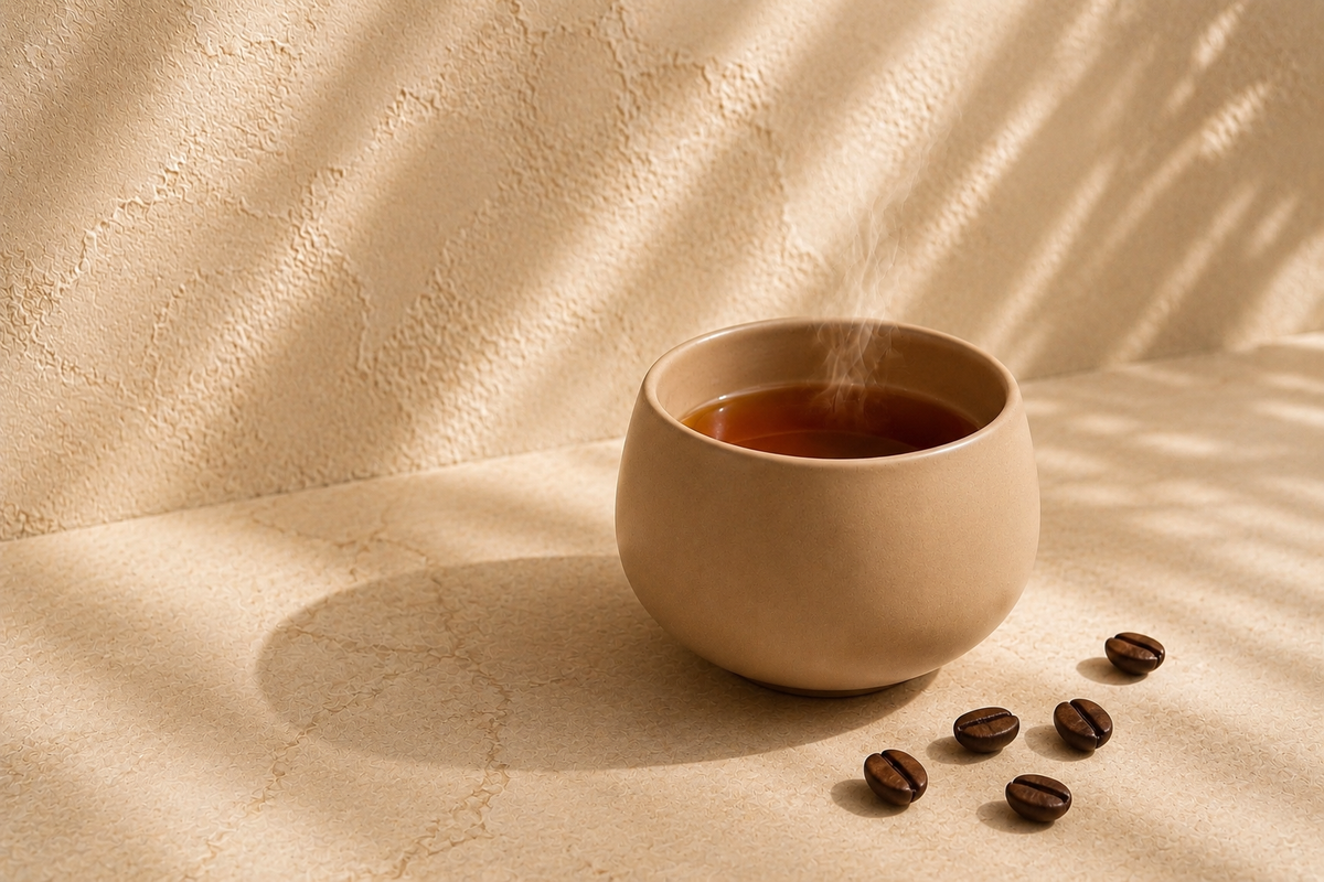 Infusion Moka Muse aux notes de café, servie dans un mug moka moderne avec grains de café sur fond ivoire champagne

