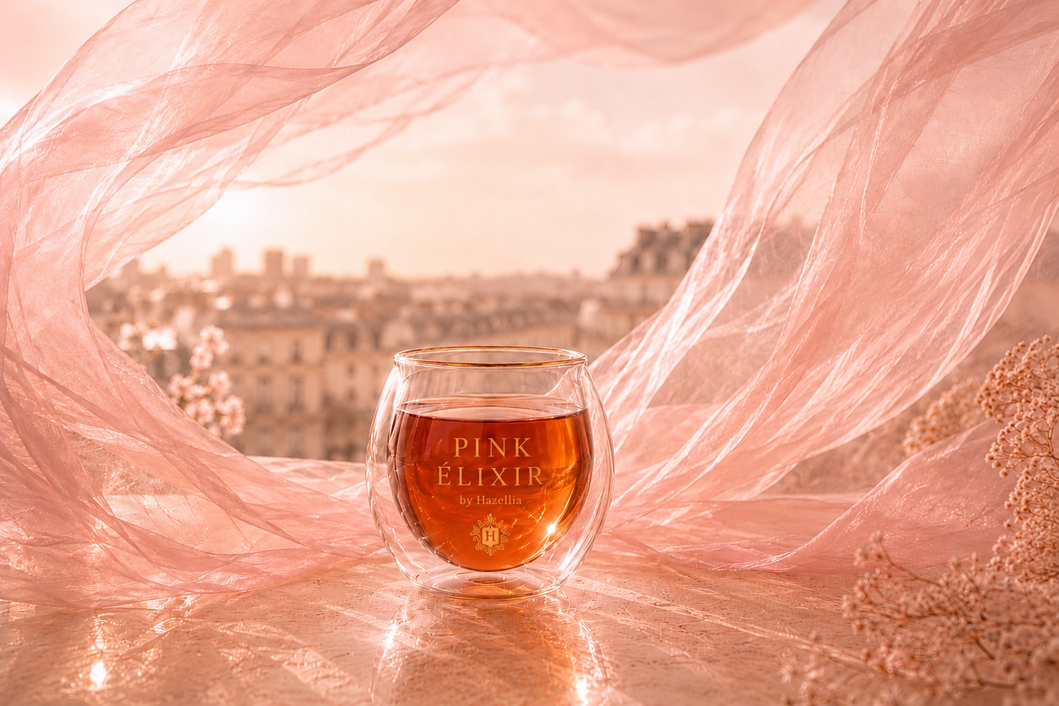 Pink Elixir by Hazellia, infusion ambrée dans un mug double paroi transparent, voile rose poudré aérien et ambiance parisienne lumineuse inspirée de la haute parfumerie.