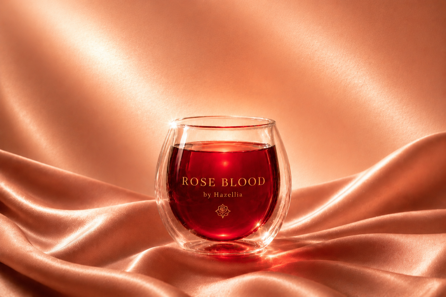 Rose Blood Hazellia – infusion rubis dans un mug double paroi transparent sur satin pêche cuivré, lumière champagne et ambiance féminine charismatique

