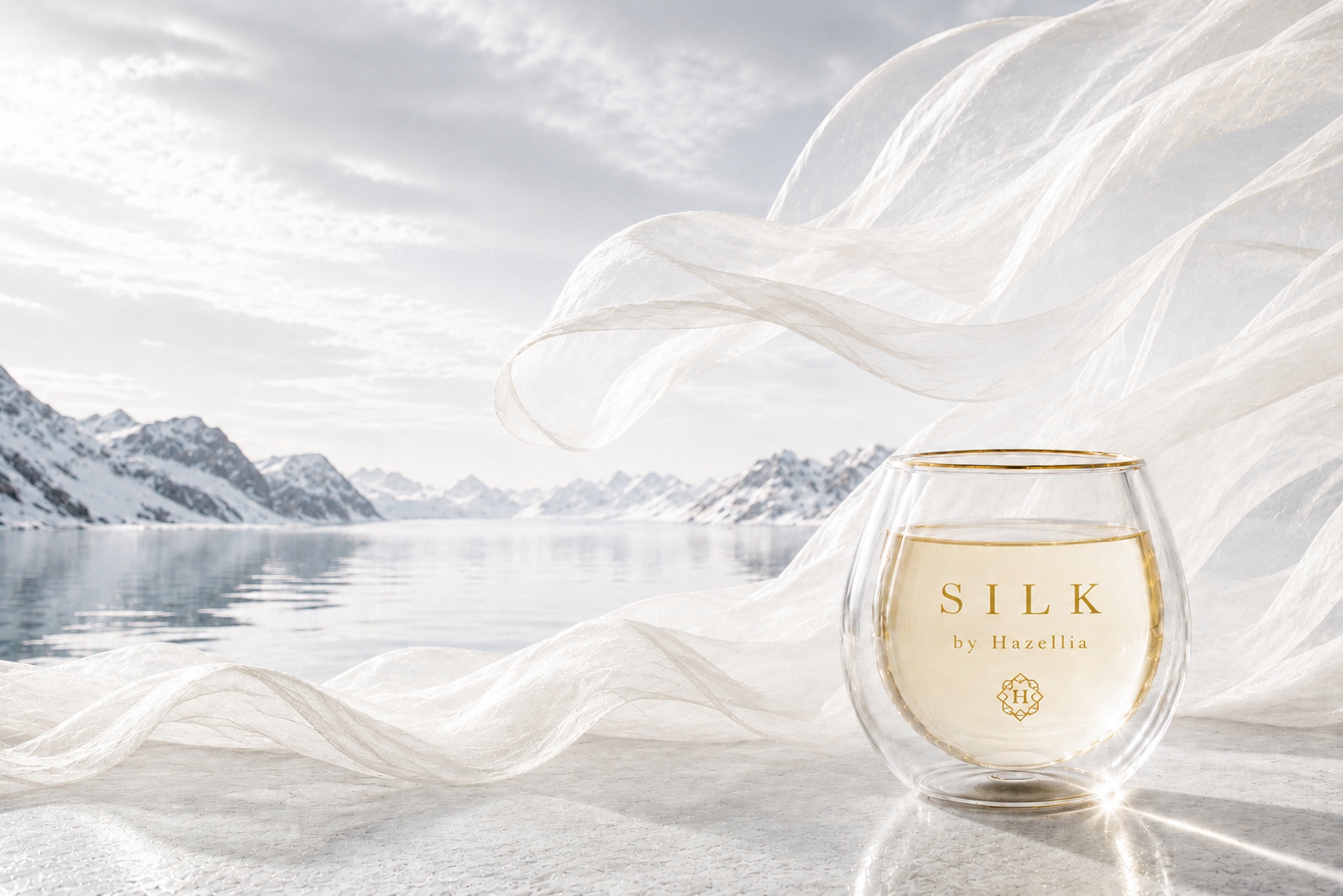 Silk by Hazellia – infusion dorée dans un mug double paroi sur fond ivoire avec voile aérien et lumière douce champagne

