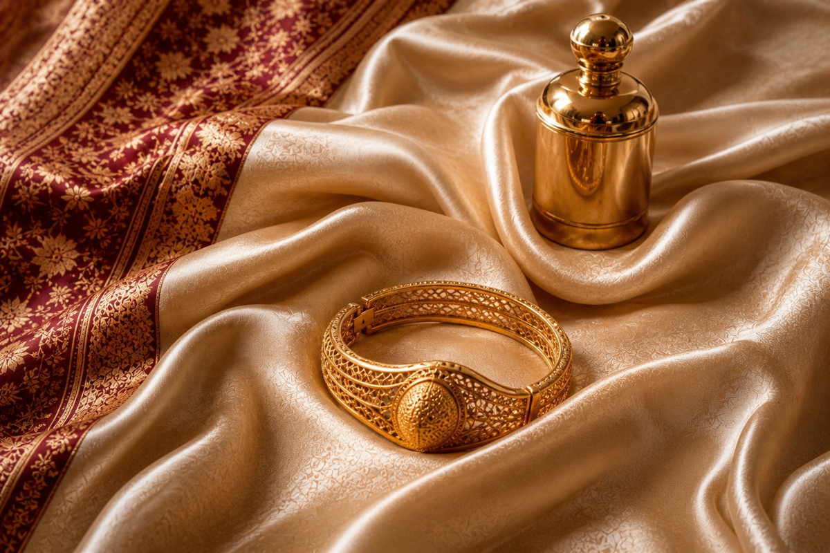 Bijou doré d’inspiration sénégalaise posé sur un satin champagne, ambiance élégante et solaire – Sénégal Soleil Hazellia Voyage

