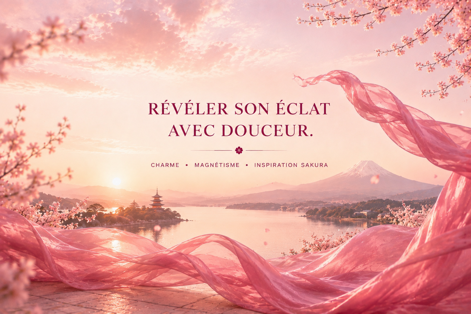 Bannière éditoriale Blossom Ode par Hazellia, paysage japonais Sakura au lever du soleil avec voile rose framboise aérien, fleurs de cerisier délicates et univers premium inspiré du Japon, célébrant le charme, le magnétisme et la féminité.

