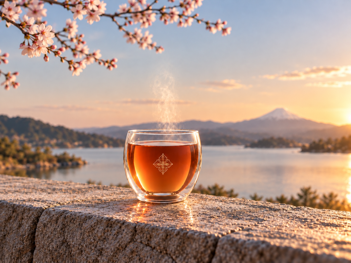  Infusion Blossom Ode Hazellia dans un mug signature en verre double paroi, face au mont Fuji et aux cerisiers japonais en fleurs. 
