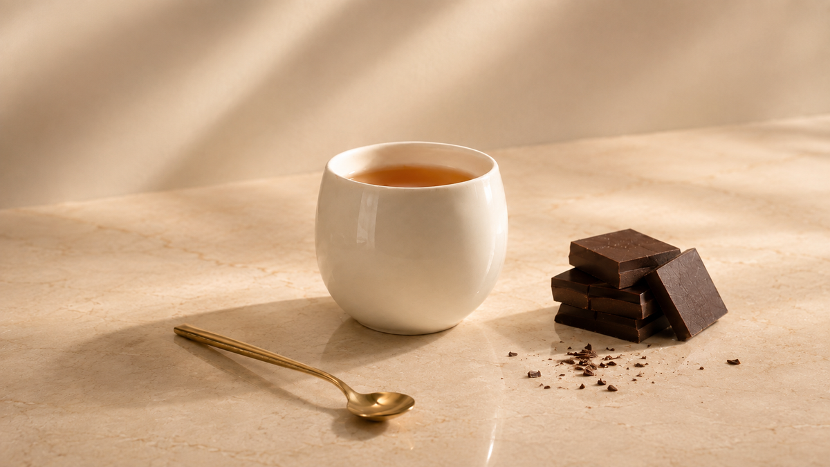 Cacao Suprême Hazellia, infusion gourmande au cacao avec chocolat noir et mug en céramique ivoire.