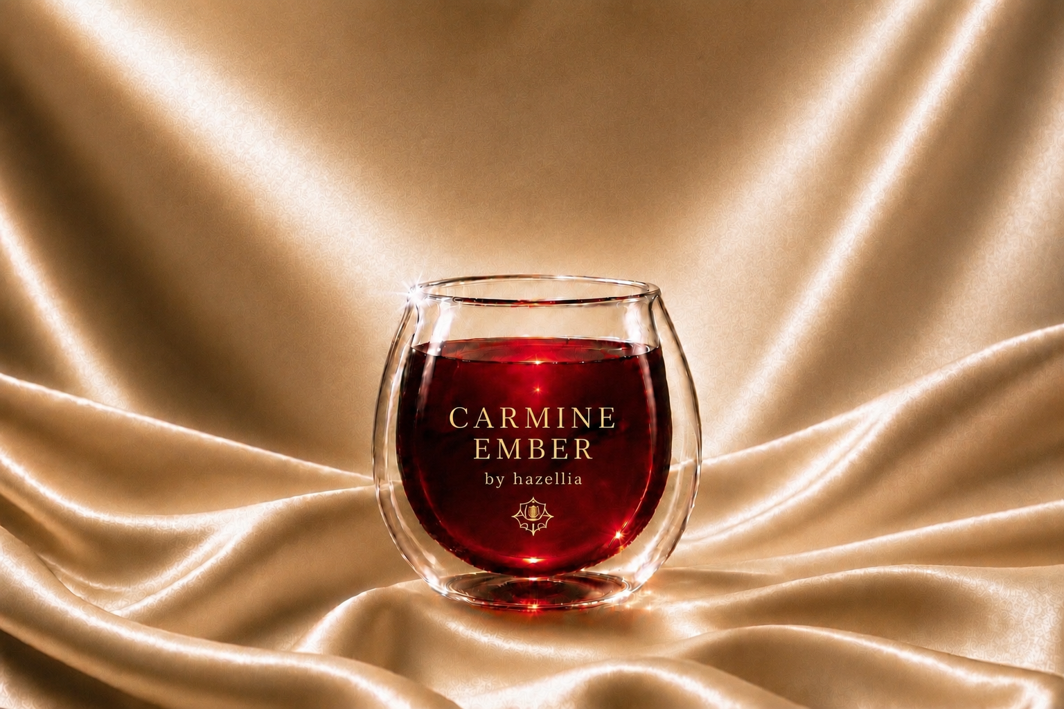 Carmine Ember by Hazellia, infusion premium rouge présentée dans un mug en verre double paroi sur un satin champagne, inspirée de l’univers de la haute parfumerie.


