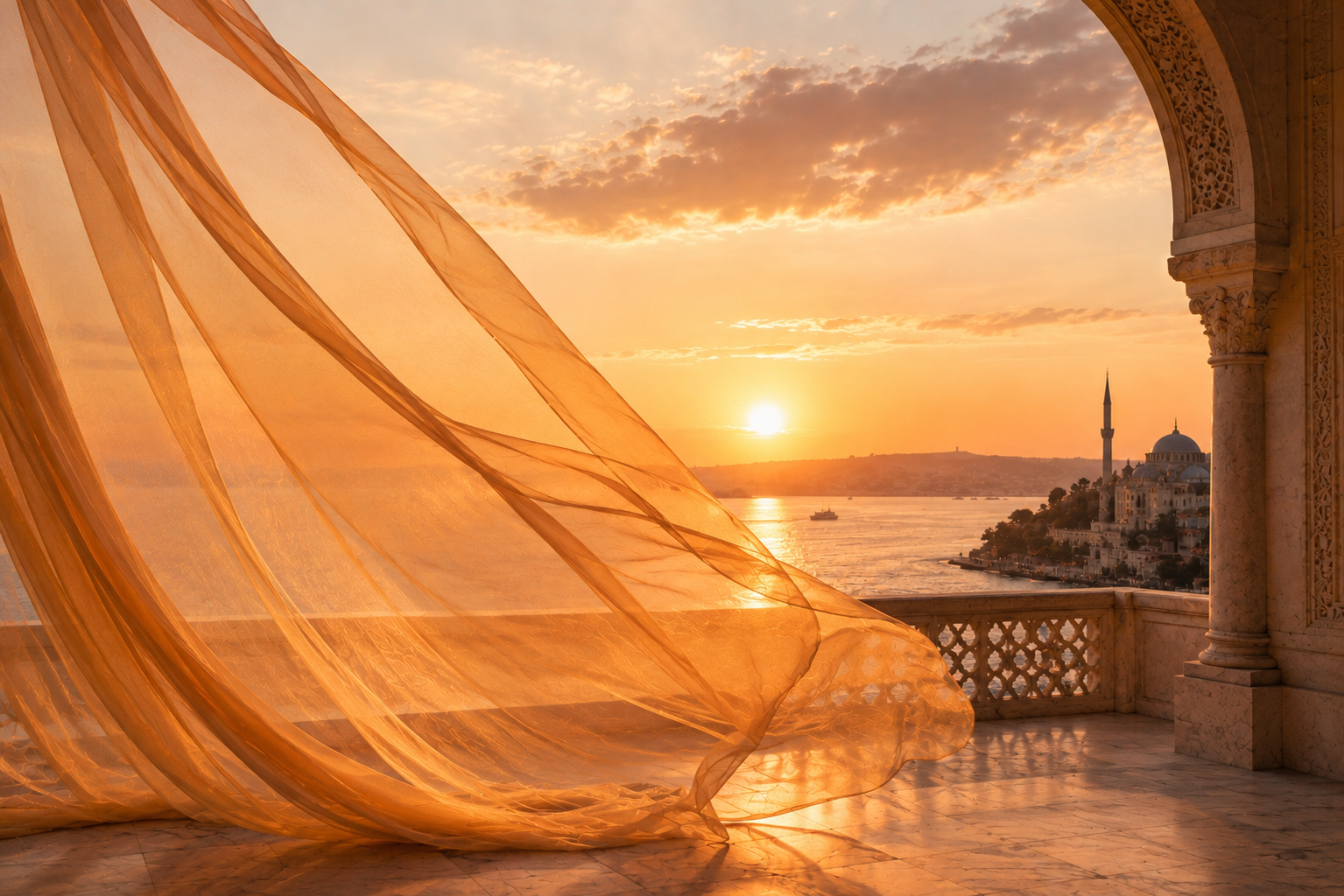 Terrasse élégante surplombant le Bosphore au coucher du soleil avec voile ambré flottant dans le vent, univers Nuit Turque de Hazellia Voyage associé à l’infusion CherryTox.

