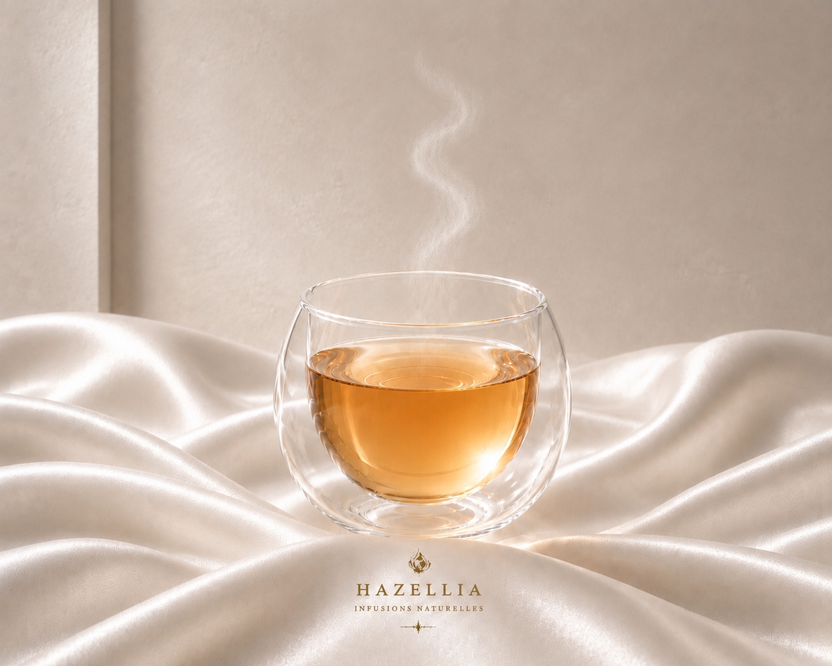 Infusion Deep Silk Hazellia ambrée dans un mug en verre cristal sur satin ivoire, univers lumineux et cocooning