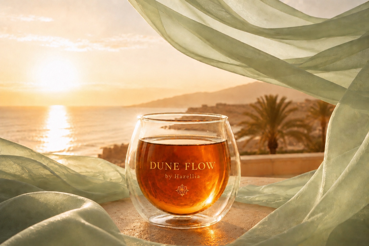 Dune Flow HazBloom – rituel d’infusion bio Hazellia inspiré du Maroc Douceur, mug en verre premium, infusion ambrée, voile vert sauge translucide et lumière dorée face à l’océan.

