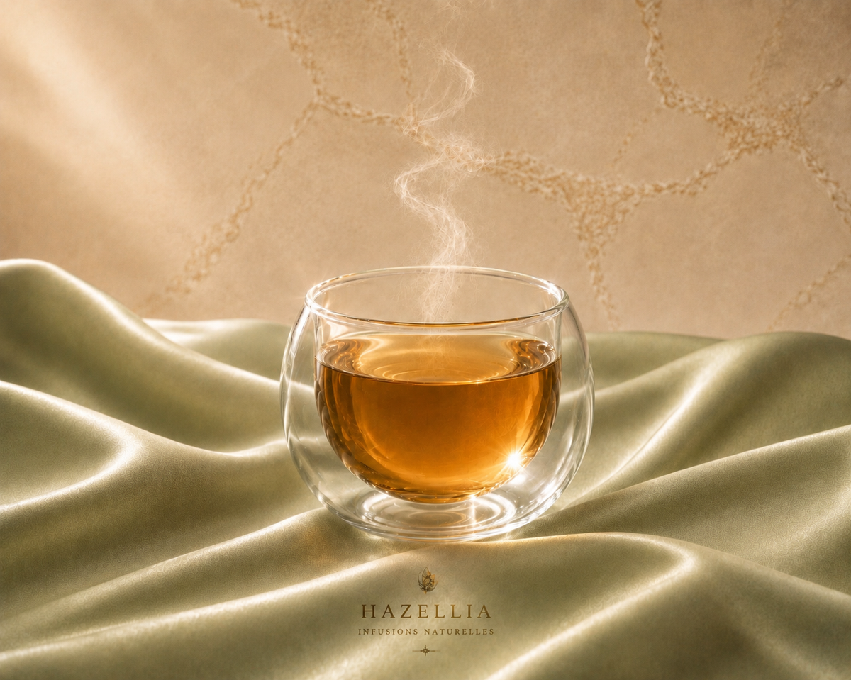 Infusion Dune Flow Hazellia dans un mug en verre sur satin vert sauge poudré