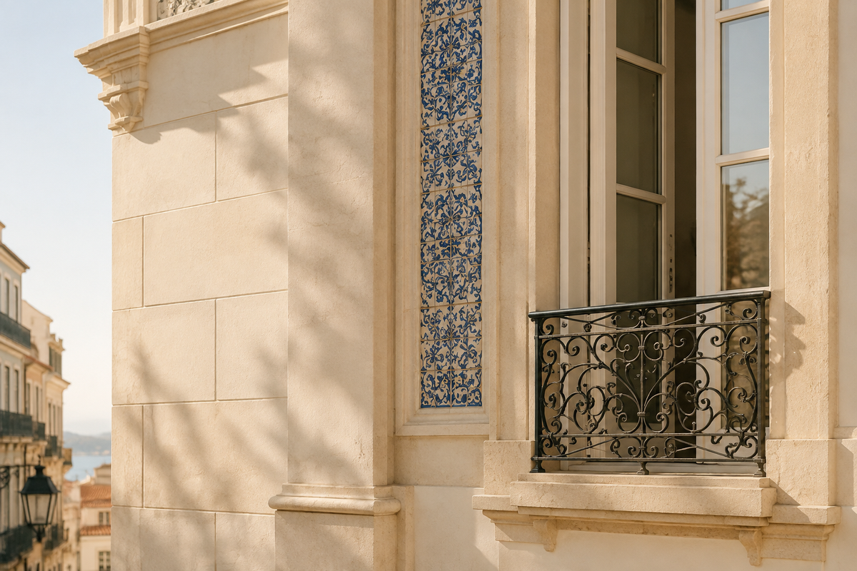 Détail d’architecture portugaise contemporaine aux tons ivoire et champagne – Élégance Lisboète Hazellia