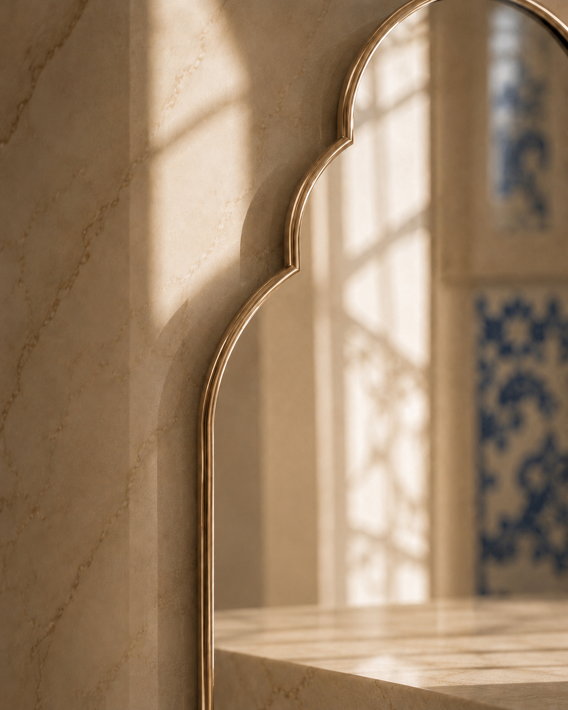 Miroir contemporain au cadre champagne dans un intérieur ivoire aux détails portugais – Élégance Lisboète Hazellia