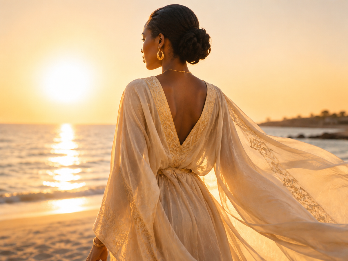 Élégance sénégalaise, femme en robe traditionnelle ivoire et dorée contemporaine face à l’océan au coucher du soleil – Hazellia Voyage

