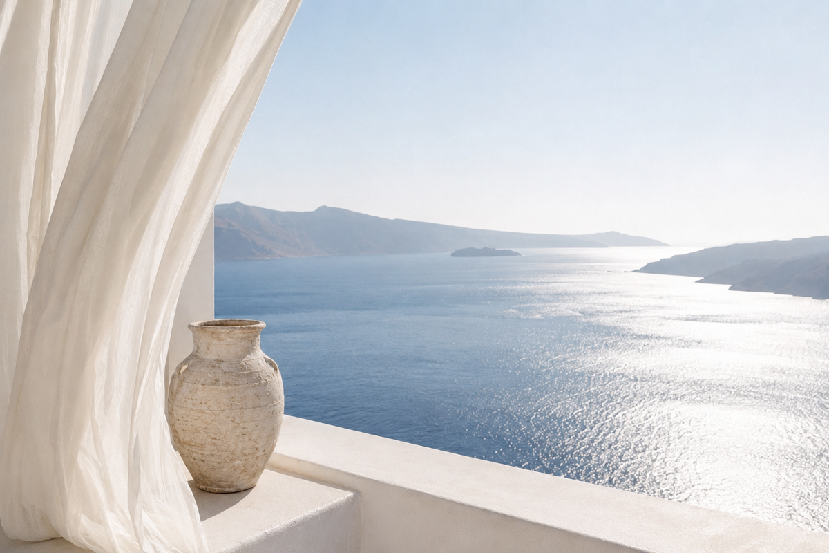 Vue sur la mer Égée depuis une terrasse grecque avec voile blanc et amphore – Évasion Grèce Éternelle Hazellia

