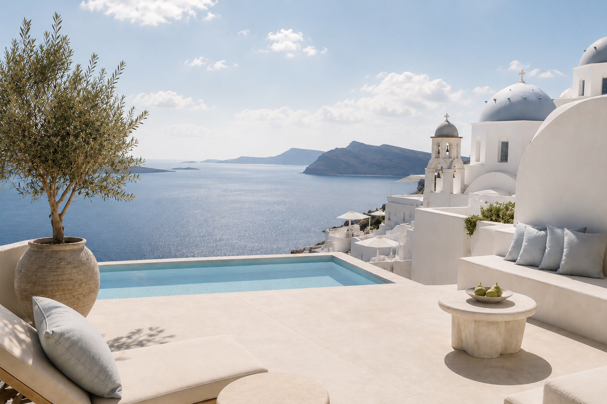 Terrasse contemporaine en Grèce avec vue sur la mer Égée, architecture blanche et dômes bleu poudré – Évasion Grèce Éternelle Hazellia

