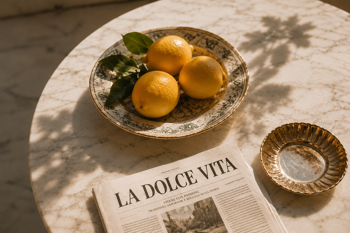 Table italienne élégante avec citrons, marbre et journal La Dolce Vita – Évasion Italie Dolce Vita Hazellia Voyage

