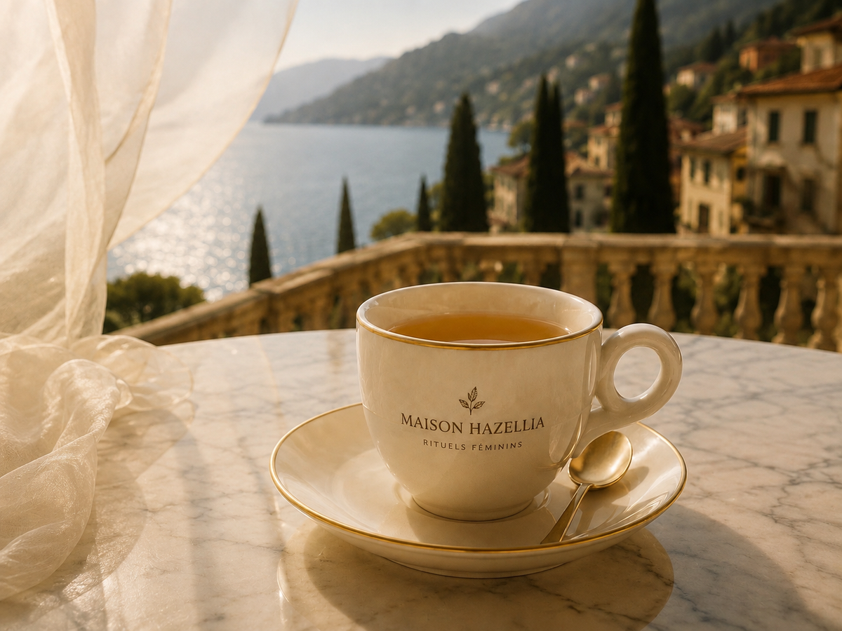 Tasse Maison Hazellia sur terrasse italienne avec vue sur le lac, cyprès et voile ivoire – Évasion Italie Dolce Vita

