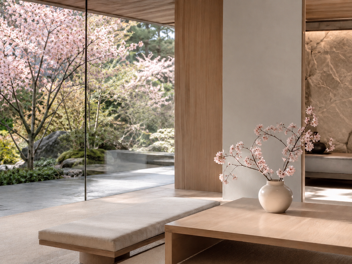 Intérieur japonais contemporain en bois clair ouvert sur un jardin de cerisiers en fleurs – Évasion Japon Sakura Hazellia Voyage


