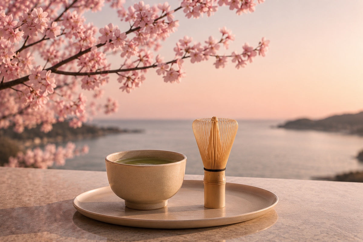 Rituel du thé japonais avec bol de matcha et fouet en bambou face aux cerisiers en fleurs – Évasion Japon Sakura Hazellia Voyage

