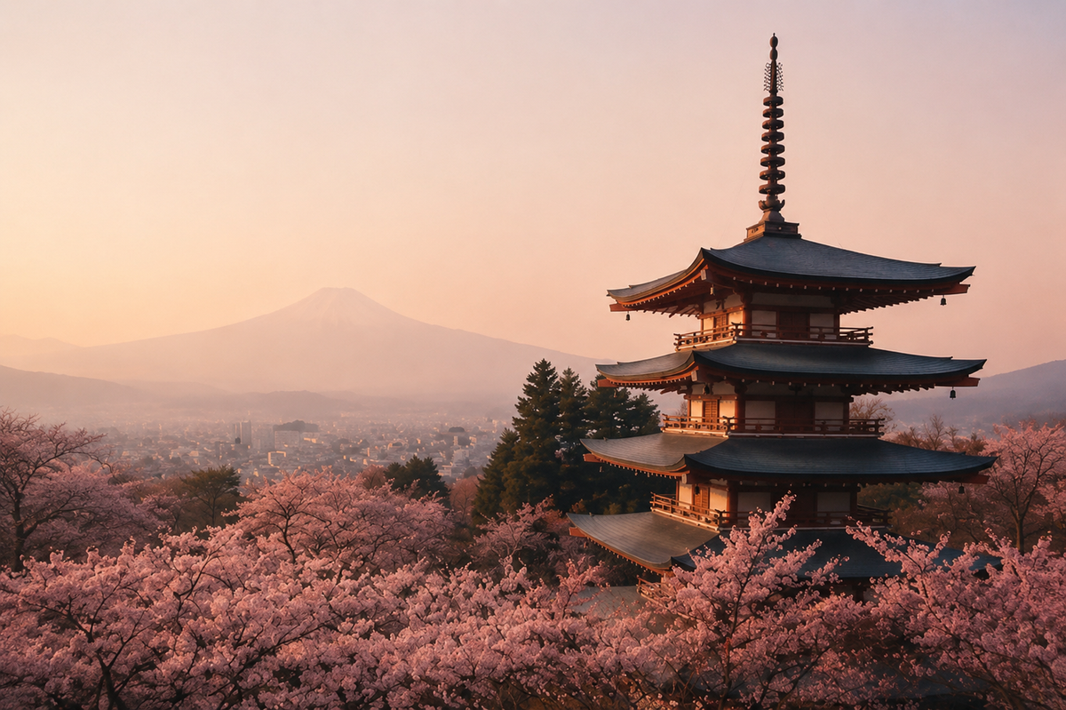 Pagode japonaise entourée de cerisiers en fleurs avec le mont Fuji au loin – Évasion Japon Sakura Hazellia Voyage

