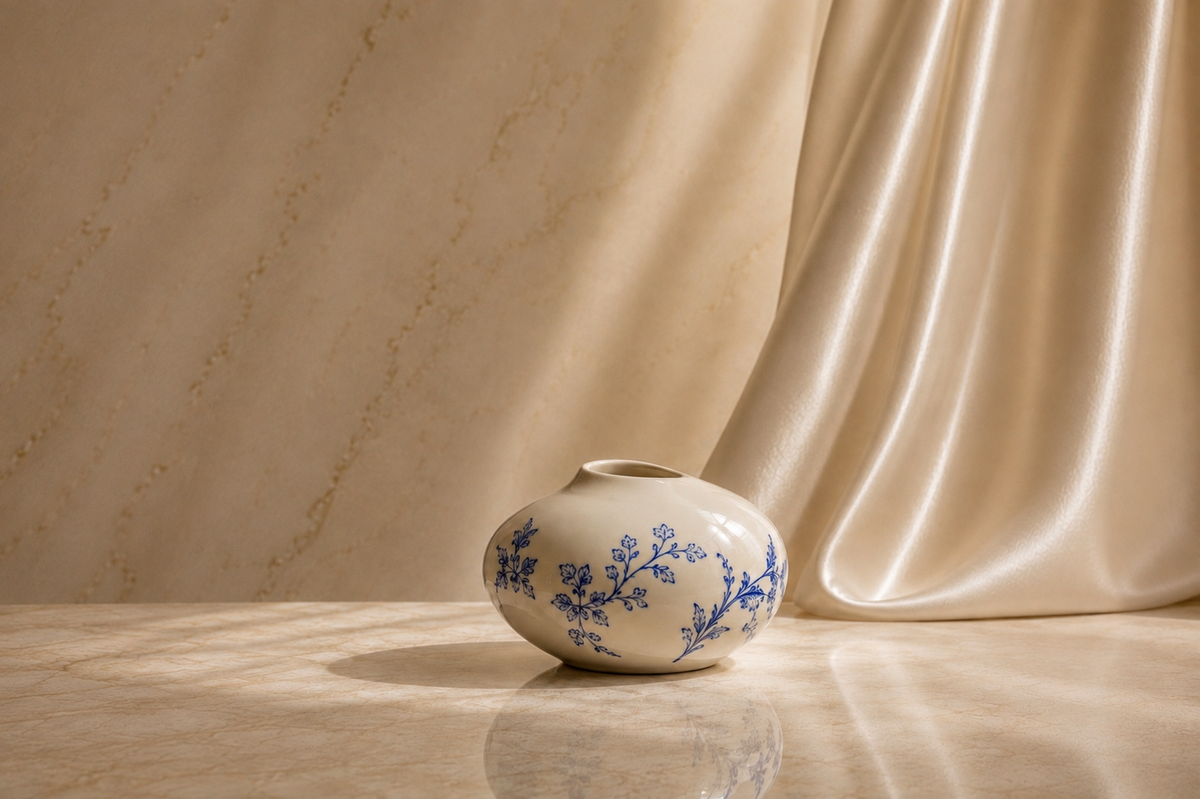 Vase en céramique bleu et ivoire dans un décor lumineux et raffiné – Évasion Lisbonne Lumineuse Hazellia Voyage

