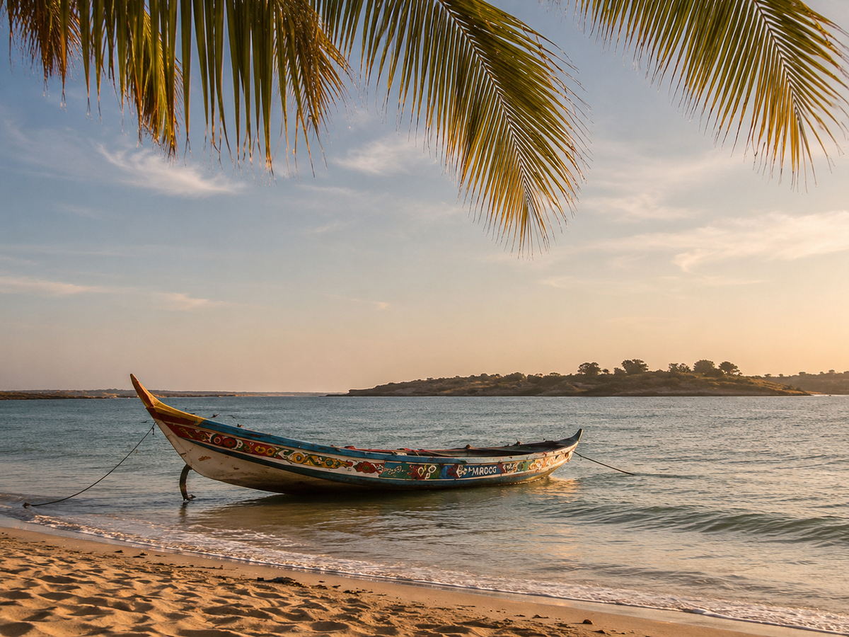 Barque traditionnelle marocaine sur une plage bordée de palmiers au coucher du soleil – Évasion Maroc Douceur Hazellia

