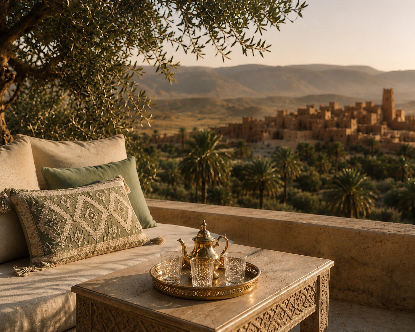 Terrasse marocaine raffinée avec service à thé traditionnel doré, coussins vert sauge et vue sur une palmeraie – Évasion Maroc Douceur Hazellia Voyage

